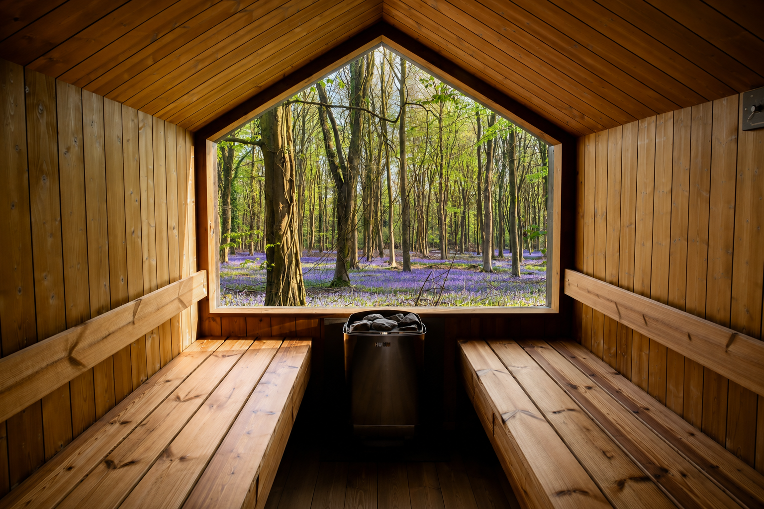 Sauna stove with hot stones and bather resting nearby